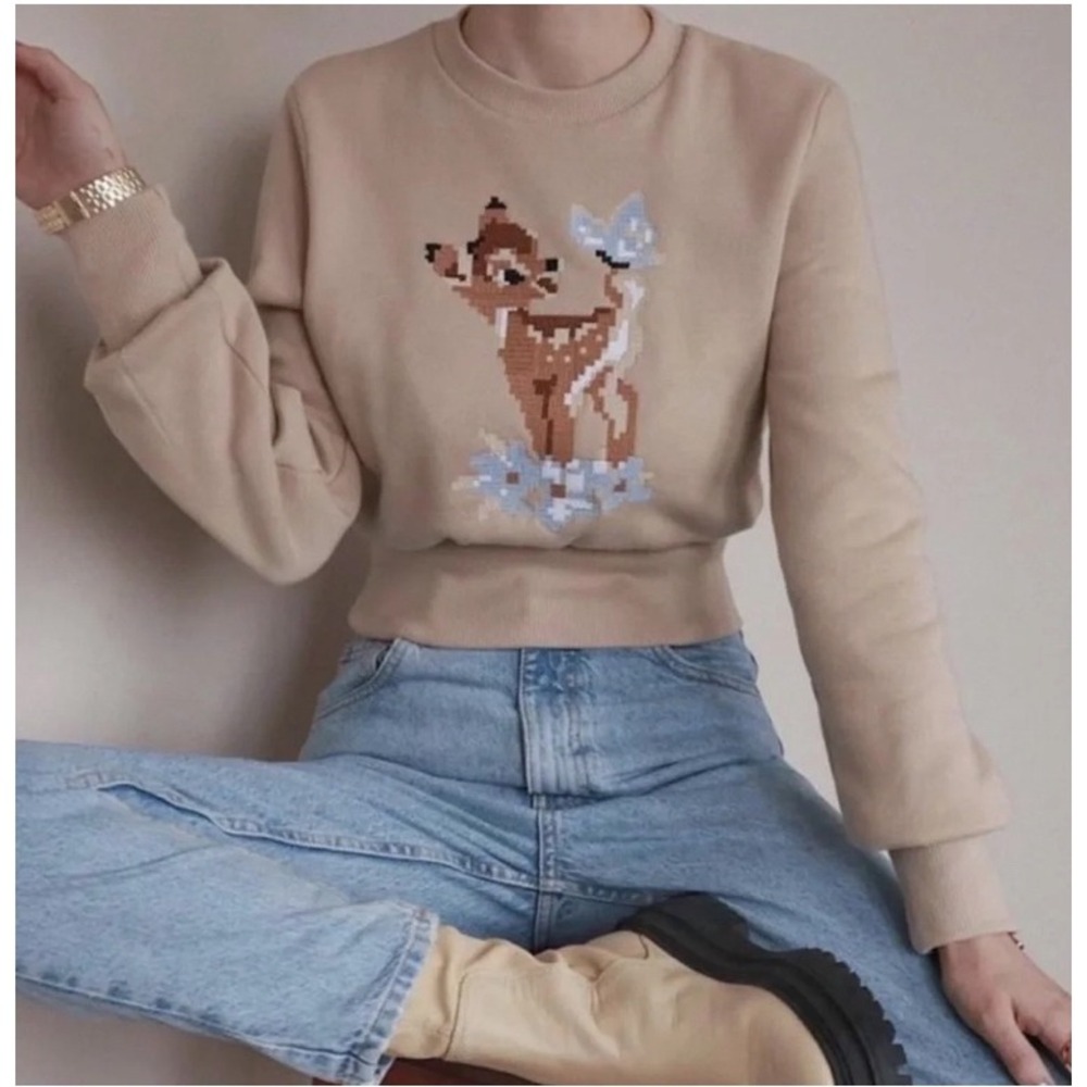 Zara Disney Bambi Sweatshirt Tan Pixelated Graphic Cropped Ribbed Hem Small
